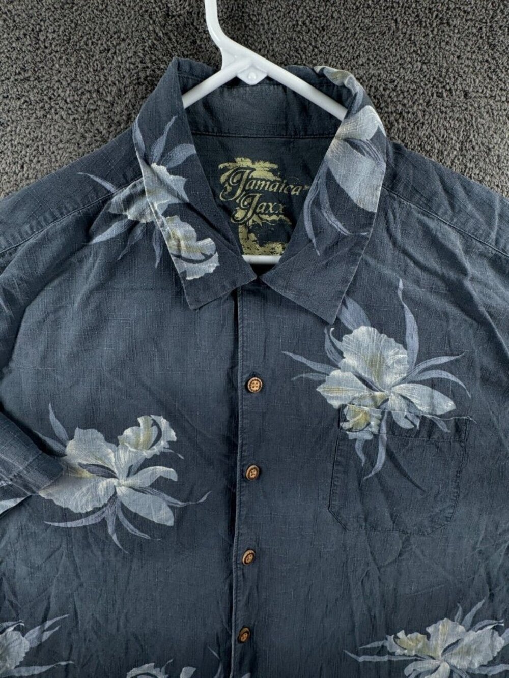 Jamaica Jaxx Men Button Up Shirt 2XL Blue Floral Hawaiian All Silk Short Sleeve